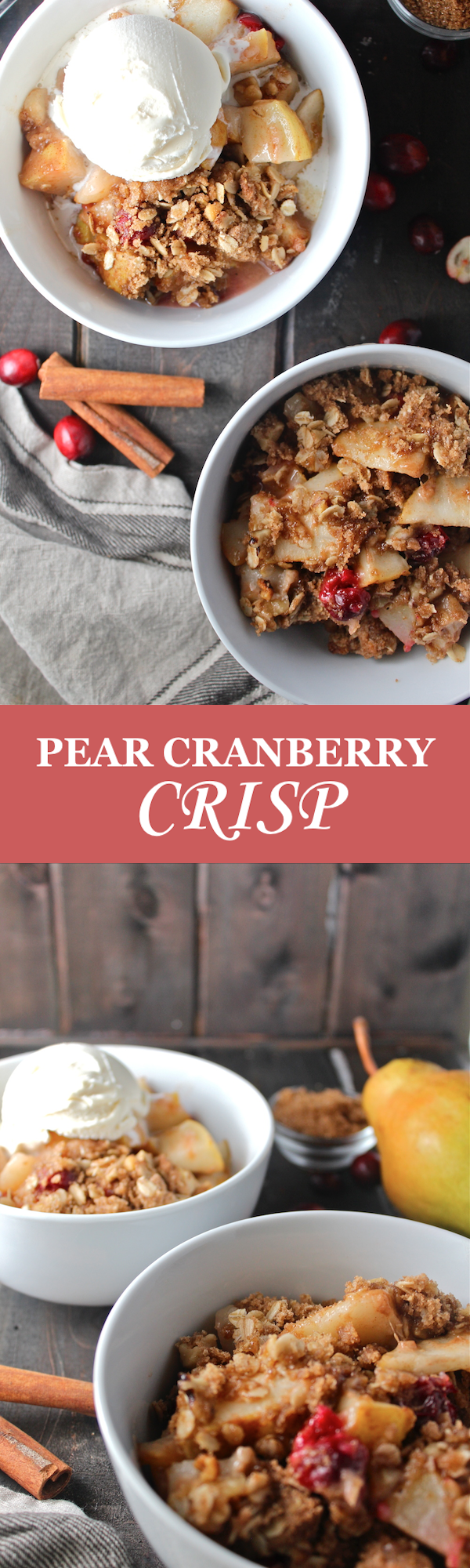 This Pear Cranberry Crisp is simply delicious - the combination of sweet, juicy pears and tart fresh cranberries is perfect for fall! | The Millennial Cook #fallrecipe #crisp #pear #cranberry