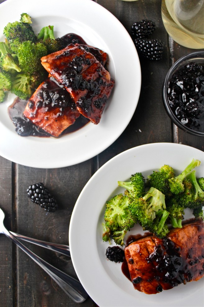 This Berry Glazed Salmon features a sweet sauce made with blackberry jam and white wine - my favorite way to prepare my favorite fish! | The Millennial Cook #salmon #blackberry