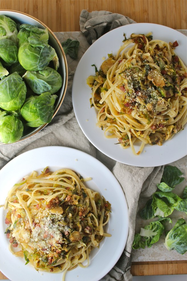 This Brown Butter Balsamic Brussels Sprouts Pasta - with pancetta and parmesan - is a quick and easy weeknight dinner that’s perfect for winter! | The Millennial Cook #winterrecipe #pasta #brusselssprouts #pancetta #brownbutter #italian