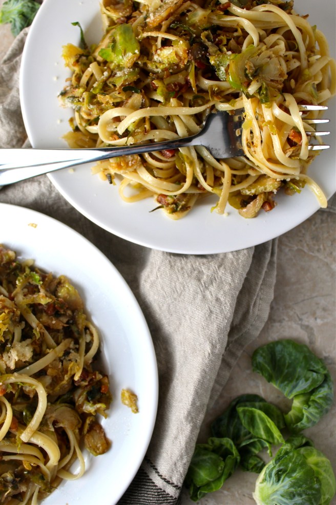 This Brown Butter Balsamic Brussels Sprouts Pasta - with pancetta and parmesan - is a quick and easy weeknight dinner that’s perfect for winter! | The Millennial Cook #winterrecipe #pasta #brusselssprouts #pancetta #brownbutter #italian
