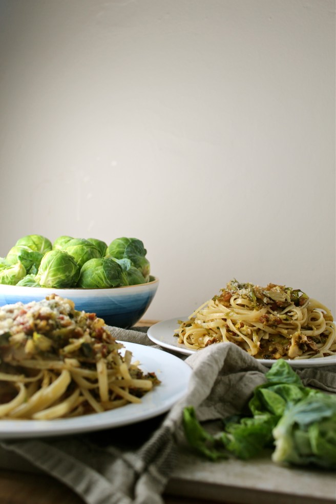 This Brown Butter Balsamic Brussels Sprouts Pasta - with pancetta and parmesan - is a quick and easy weeknight dinner that’s perfect for winter! | The Millennial Cook #winterrecipe #pasta #brusselssprouts #pancetta #brownbutter #italian