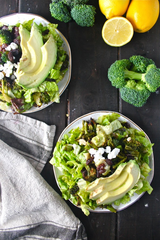 This Lemony Roasted Broccoli Salad with goat cheese, avocado, and sweet raisins is so fresh, wholesome, and hearty! | The Millennial Cook #winterrecipe #salad #broccoli #lemon #garlic #avocado