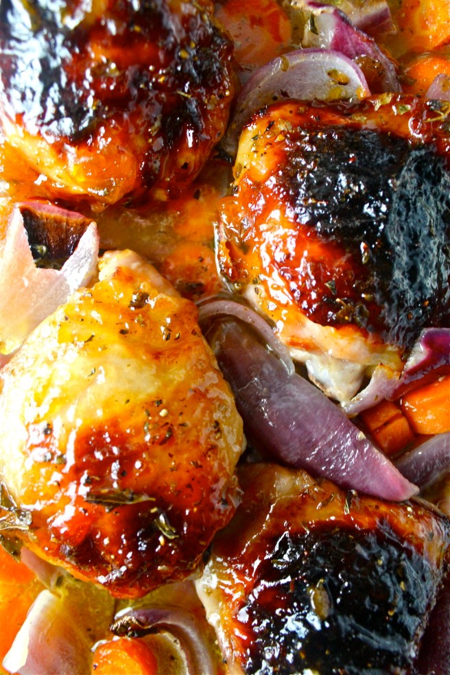 This Roasted Apricot Chicken is an easy one-pan meal featuring the most delicious sweet and savory apricot glaze! | The Millennial Cook #chicken #roastedchicken #apricot #onepan