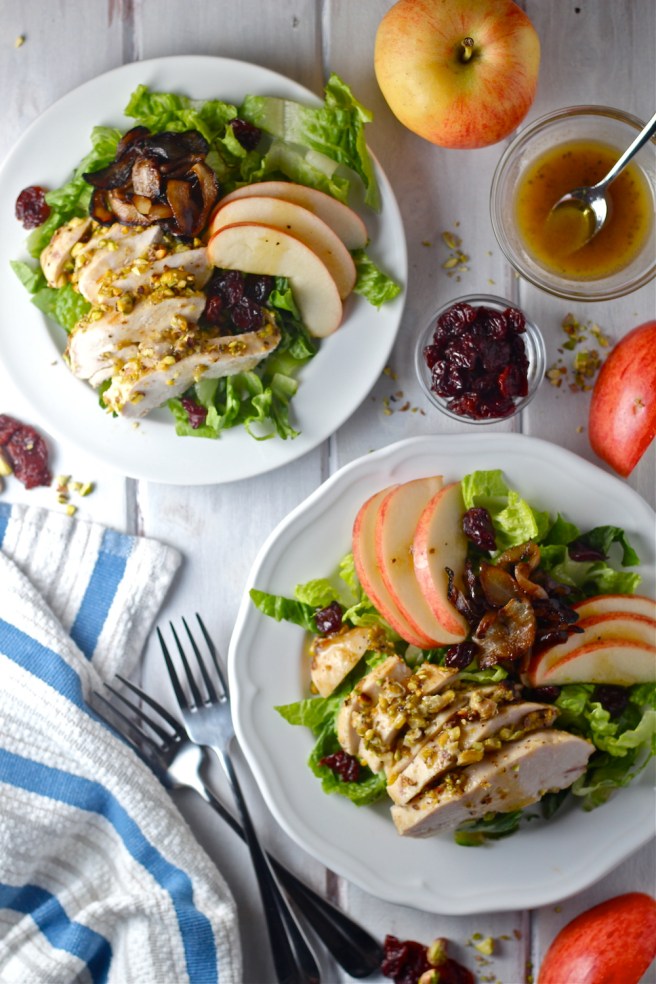 This Pistachio Crusted Chicken Salad - with caramelized onions, chopped apple, and goat cheese - is an amazing light and healthy dinner! | The Millennial Cook #salad #chicken #pistachio