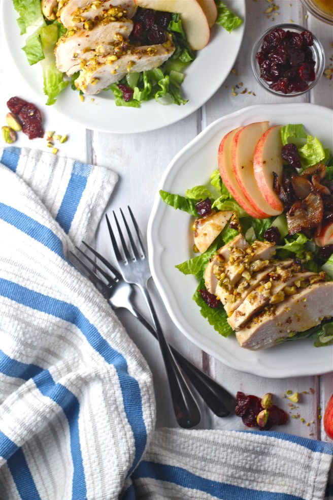 This Pistachio Crusted Chicken Salad - with caramelized onions, chopped apple, and goat cheese - is an amazing light and healthy dinner! | The Millennial Cook #salad #chicken #pistachio