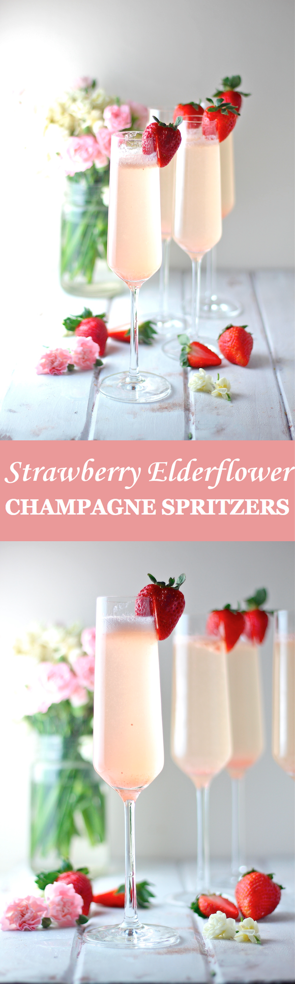 These Strawberry Elderflower Champagne Spritzers are the perfect light, sweet, and sparkling cocktail for spring! | The Millennial Cook #springrecipe #cocktail #strawberry #elderflower #champagne