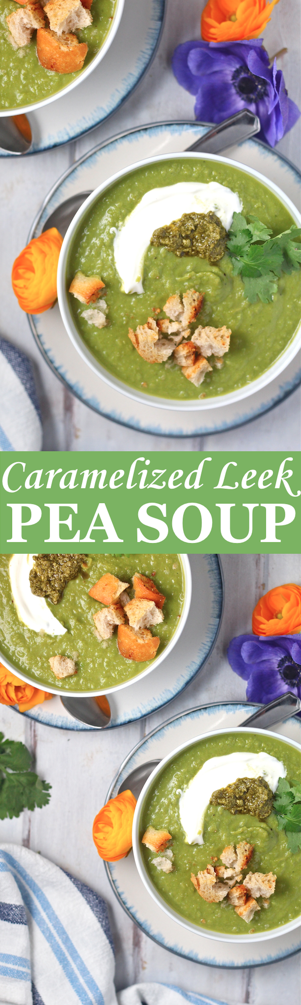 This quick and tasty Caramelized Leek Pea Soup is a spring delight! | The Millennial Cook #springrecipe #soup #pea #leek