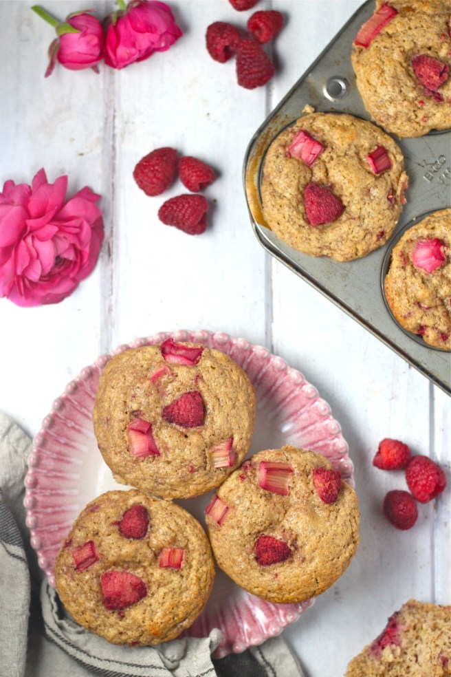 These Raspberry Rhubarb Flax Muffins are loaded with whole wheat flour, ground flaxseed, coconut oil, and maple syrup for the perfect wholesome breakfast! | The Millennial Cook #springrecipe #muffins #strawberry #rhubarb #flax