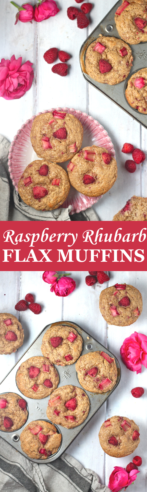 These Raspberry Rhubarb Flax Muffins are loaded with whole wheat flour, ground flaxseed, coconut oil, and maple syrup for the perfect wholesome breakfast! | The Millennial Cook #springrecipe #muffins #strawberry #rhubarb #flax
