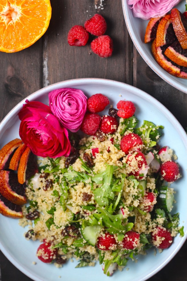 This flavorful Spring Couscous Salad is filled with peppery arugula, fresh raspberries, and crunchy vegetables! | The Millennial Cook #spring #springrecipe #salad #couscous