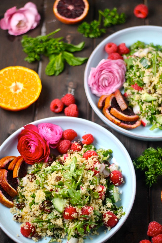 This flavorful Spring Couscous Salad is filled with peppery arugula, fresh raspberries, and crunchy vegetables! | The Millennial Cook #spring #springrecipe #salad #couscous