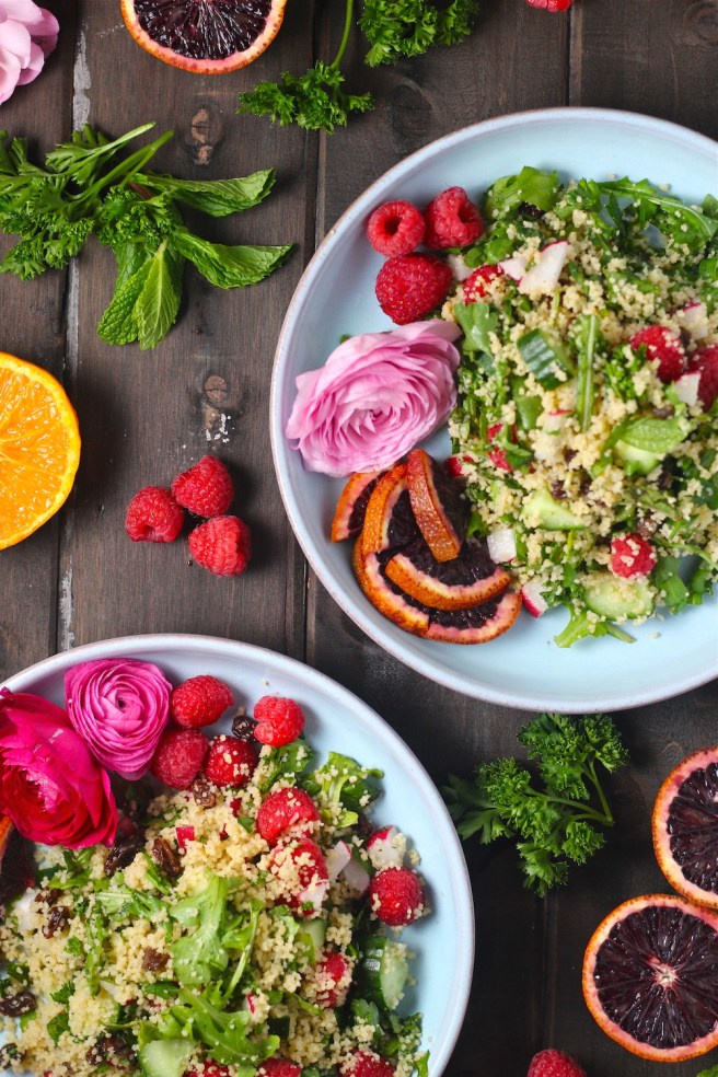 This flavorful Spring Couscous Salad is filled with peppery arugula, fresh raspberries, and crunchy vegetables! | The Millennial Cook #spring #springrecipe #salad #couscous