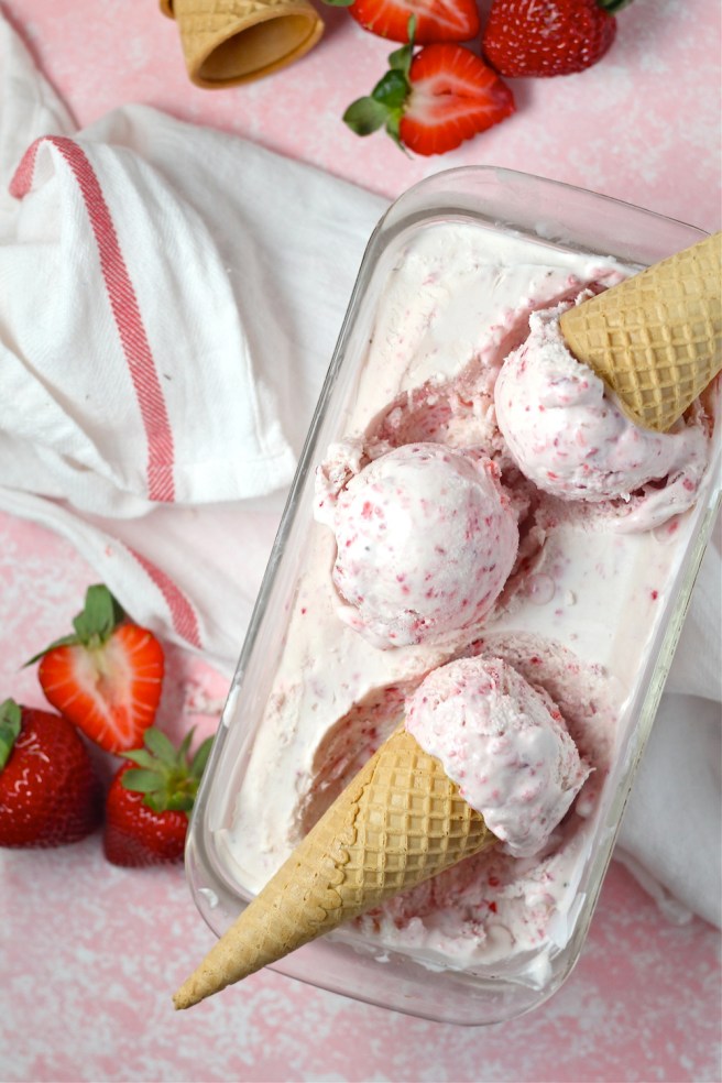 This No Churn Strawberry Ice Cream is a fantastic sweet, fruity, and creamy homemade dessert! | The Millennial Cook #spring #springrecipe #icecream #strawberry