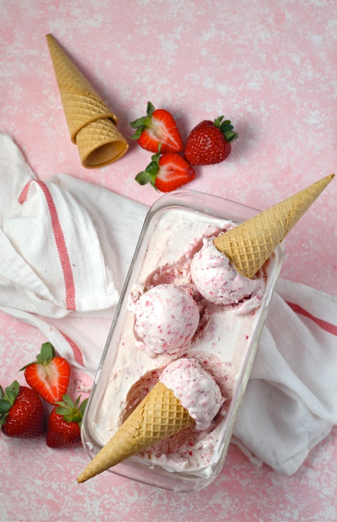 This No Churn Strawberry Ice Cream is a fantastic sweet, fruity, and creamy homemade dessert! | The Millennial Cook #spring #springrecipe #icecream #strawberry